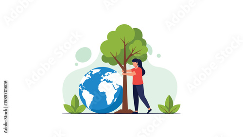 Environmental activist hugging a large green tree next to the planet Earth to promote global conservation and nature protection.
