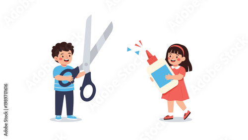 Happy young children playing with oversized school supplies like scissors and glue as part of a creative arts and crafts project.