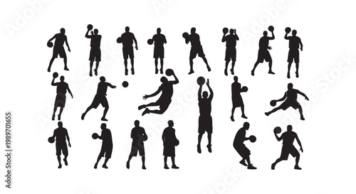 Basketball players silhouettes in action collection including dribbling shooting and jumping poses for sports design vector.