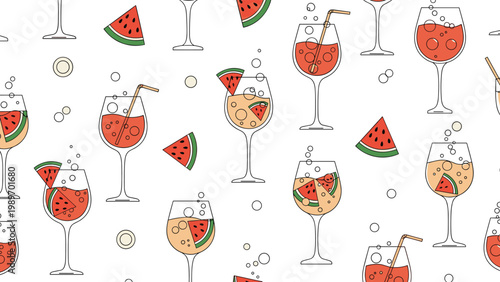 Vibrant seamless pattern of refreshing cocktail glasses filled with drinks and garnished with watermelon slices and bubbles.