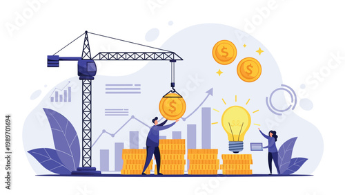 Business development concept showing a construction crane lifting a large coin near a team working on financial growth and ideas.