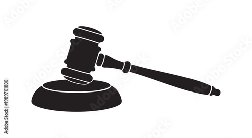 Black silhouette of a judge's gavel on sound block, vector illustration.
