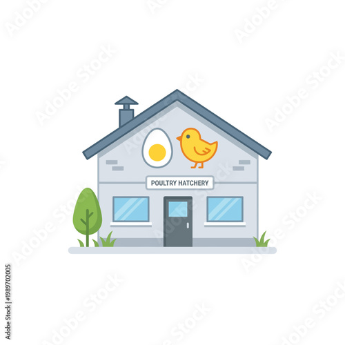 Simple hatchery building icon with egg and chick, flat farm production design