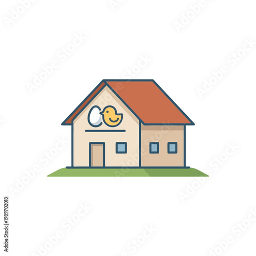 Simple hatchery building icon with egg and chick, flat farm production design