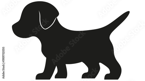 Cute black puppy silhouette vector illustration, simple graphic design of a domestic pet dog, standing profile view, isolated on white.