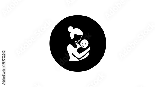 Mother and baby icon in a black circle, symbolizing maternal love, care, and family bonding. Simple silhouette graphic.