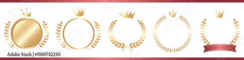 くすみゴールドの様々な王冠付き月桂冠と円形メダルフレームセット 上品なランキング表彰や実績アピール向けベクター素材