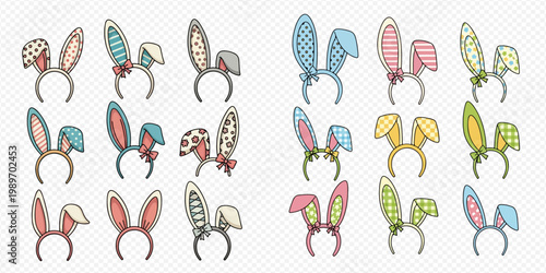 Collection of various colorful Easter bunny ear headbands for celebration.