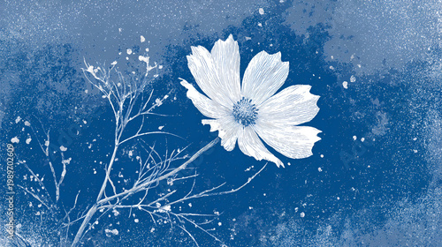 Blue cyanotype cosmea botanical background. Stipple dot overlay texture with flower and twig silhouette. Delicate indigo blue nature banner for template and graphic design project. Stock Vector