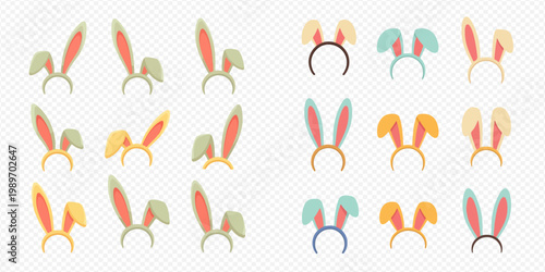 Collection of various colorful bunny ear headbands for festive occasions.