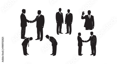 Businessmen silhouettes in various professional interactions including handshakes bowing and formal greetings set vector.