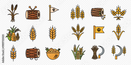 Collection of wheat and harvest-related icons in a flat design style.