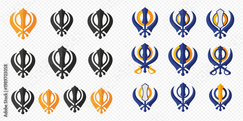 Khanda Sikhism symbol set with various colors and styles.