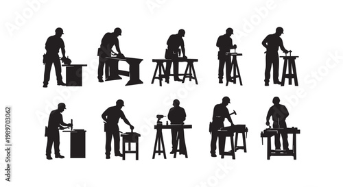 Carpenter silhouettes workers set of craftsmen using tools and wood at workbenches professional woodworkers construction.