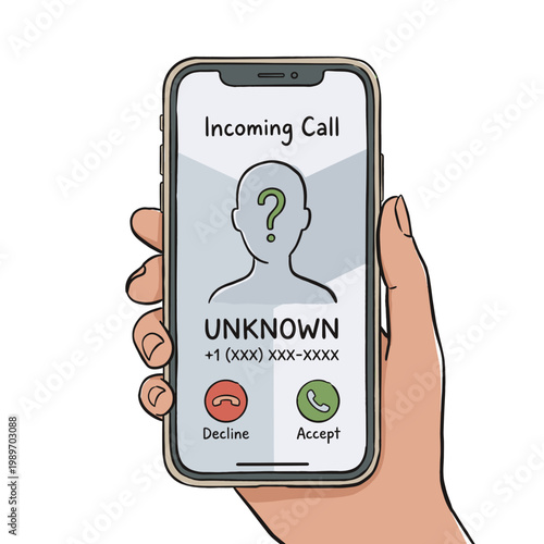 Phone screen with unknown caller shown in clean flat style hand holding smartphone with bright screen - communication alert privacy security