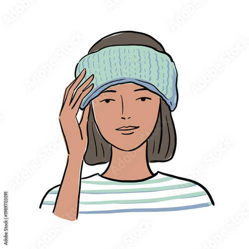 Woman holding cold compress in flat style portrait with soft colors calming mood and minimal background - headache relief health care
