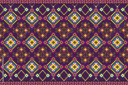 Vibrant ethnic seamless geometric pattern with intricate yellow, white, and pink diamond motifs on a deep purple background. Traditional tribal textile and embroidery design for fashion and home decor
