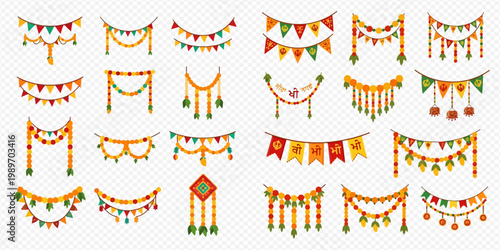 Set of Traditional Indian Garlands and Bunting Decorations for Festivals and Celebrations.