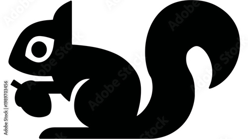 Stylized black silhouette icon of a cute squirrel holding an acorn. Graphic design element representing nature, wildlife, and autumn.