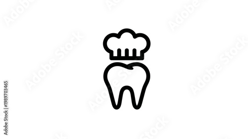 Outline icon of a tooth wearing a chef's hat, representing culinary dentistry, food health, dental care, or a food-related dental professional.