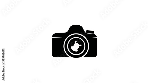 Sleek black camera icon silhouette, symbolizing modern photography, digital image capture, and multimedia creation on a clean white background.