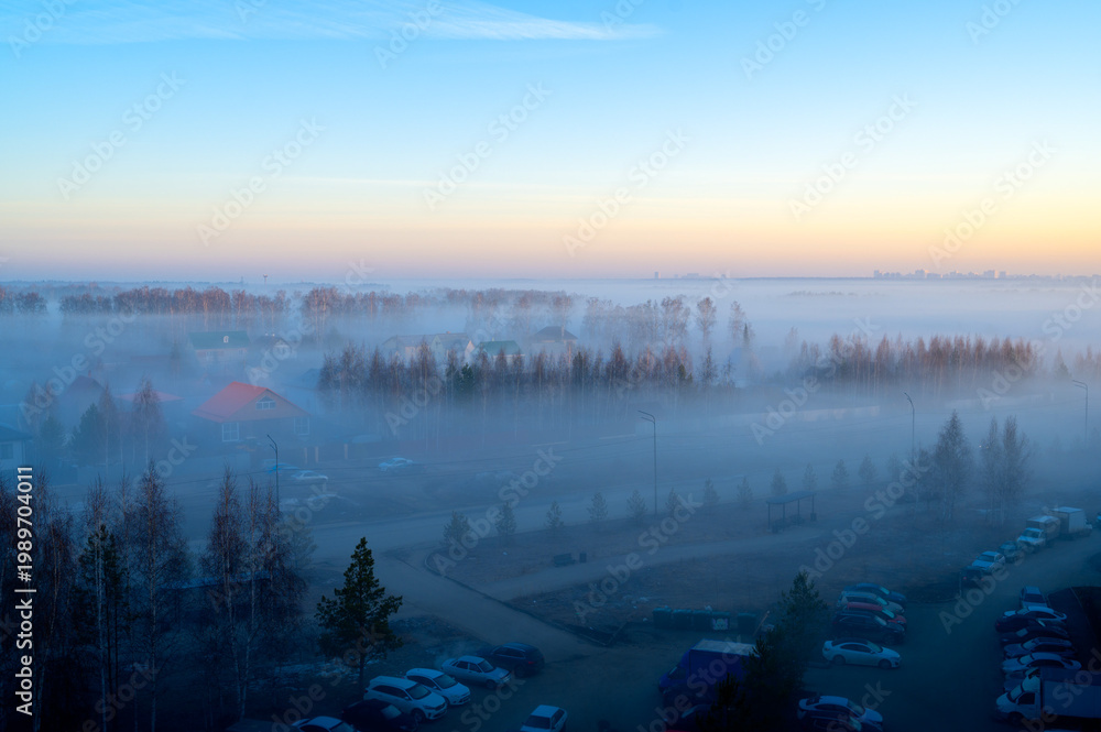Fototapeta premium Spring morning view from a window: road, parking lot, trees and low fog at dawn. Cool atmosphere, soft light, misty mood. 