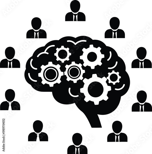 Brainstorming silhouette human figures and gears within a brain isolated on transparent background