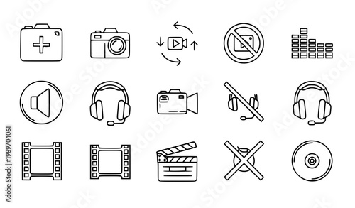 set of tools Media control icons camera add switch no video headphone mute film outline vector line set