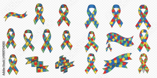 Autism awareness ribbons and banners set for support.
