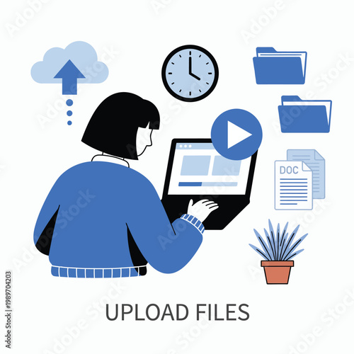 Blue silhouette of person uploading digital files to cloud storage