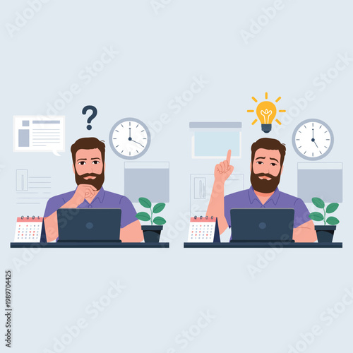 Flat of a man confused by time management concept flat man thinking