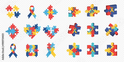 Autism Awareness Day puzzle pieces and ribbons collection, colorful symbols of support and understanding for neurodiversity.