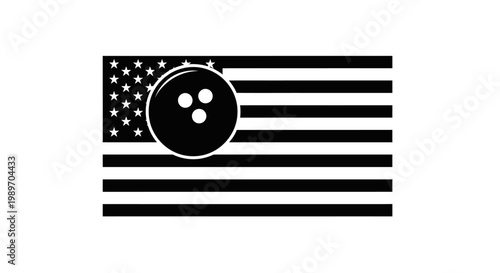 Black and white American flag with bowling ball icon, symbolizing patriotic sports, leisure, and recreational activities