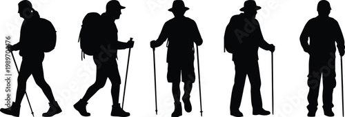 Silhouette collection five men in various poses isolated on transparent background