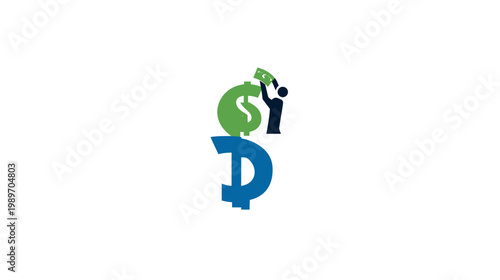Financial concept with person, money bag, and dollar sign illustrating wealth, investment, saving, and economic growth
