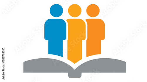 Stylized people figures on an open book icon, symbolizing education, learning, knowledge, community, and social teamwork