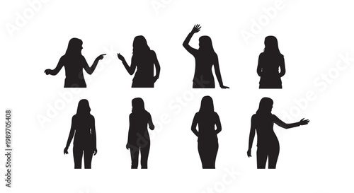 Collection of female silhouettes in various poses gesturing and standing against a white background.
