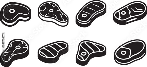 Raw Beef Steak Icon Set Meat Cut Silhouette BBQ Vector
