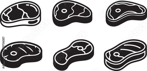 Fresh Raw Beef Steak and Meat Cut Vector Icon Set