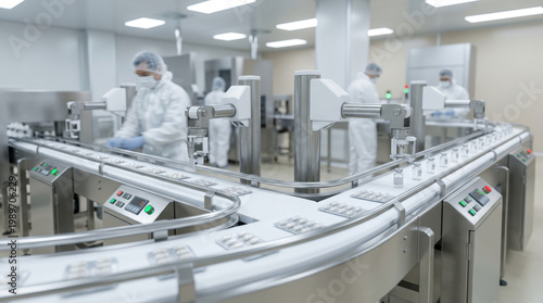 Automated pharmaceutical production line with workers in sterile uniform manufacturing medical vaccines