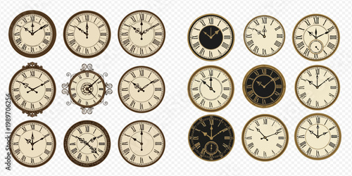 Set of vintage antique clocks with Roman numerals showing different times, isolated on a transparent background.
