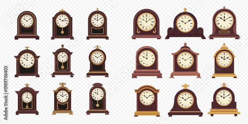 Collection of antique wooden mantle clocks with various designs and pendulums, showing different times.