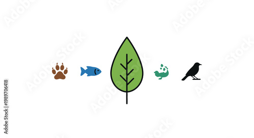 Leaf with animal and food icons.