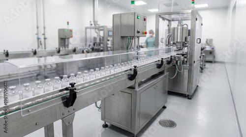 Automated pharmaceutical production line with workers in sterile uniform manufacturing medical vaccines