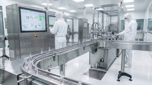 Automated pharmaceutical production line with workers in sterile uniform manufacturing medical vaccines
