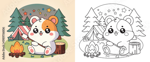 Hamster camping by a campfire in the forest at night.
Cute character for kids coloring pages, learning materials, and fun activities.
Isolated illustration.