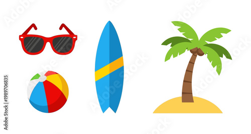 Summer vacation icons depicting sunglasses surfboard beach ball palm tree and sand