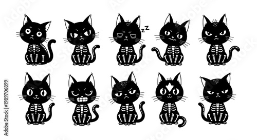 Cats doodle icons set with cute black cartoon kittens, whiskers and bows, hand-drawn style for stickers, kids design and decor