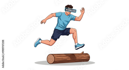 Man wearing VR headset jumping over log, active gaming concept