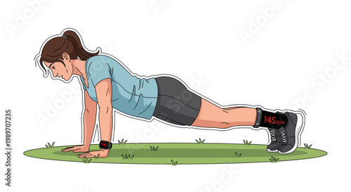 woman doing push up exercise outdoors in green grass
